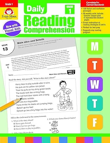 Daily Reading Comprehension, Grade 1 - Homeschooling & Classroom Resource Workbook, Reproducible Worksheets, Teaching Edition, Fiction and Nonfiction, Lesson Plans, Test Prep Paperback – Teacher's Edition, January 1, 2018 cover